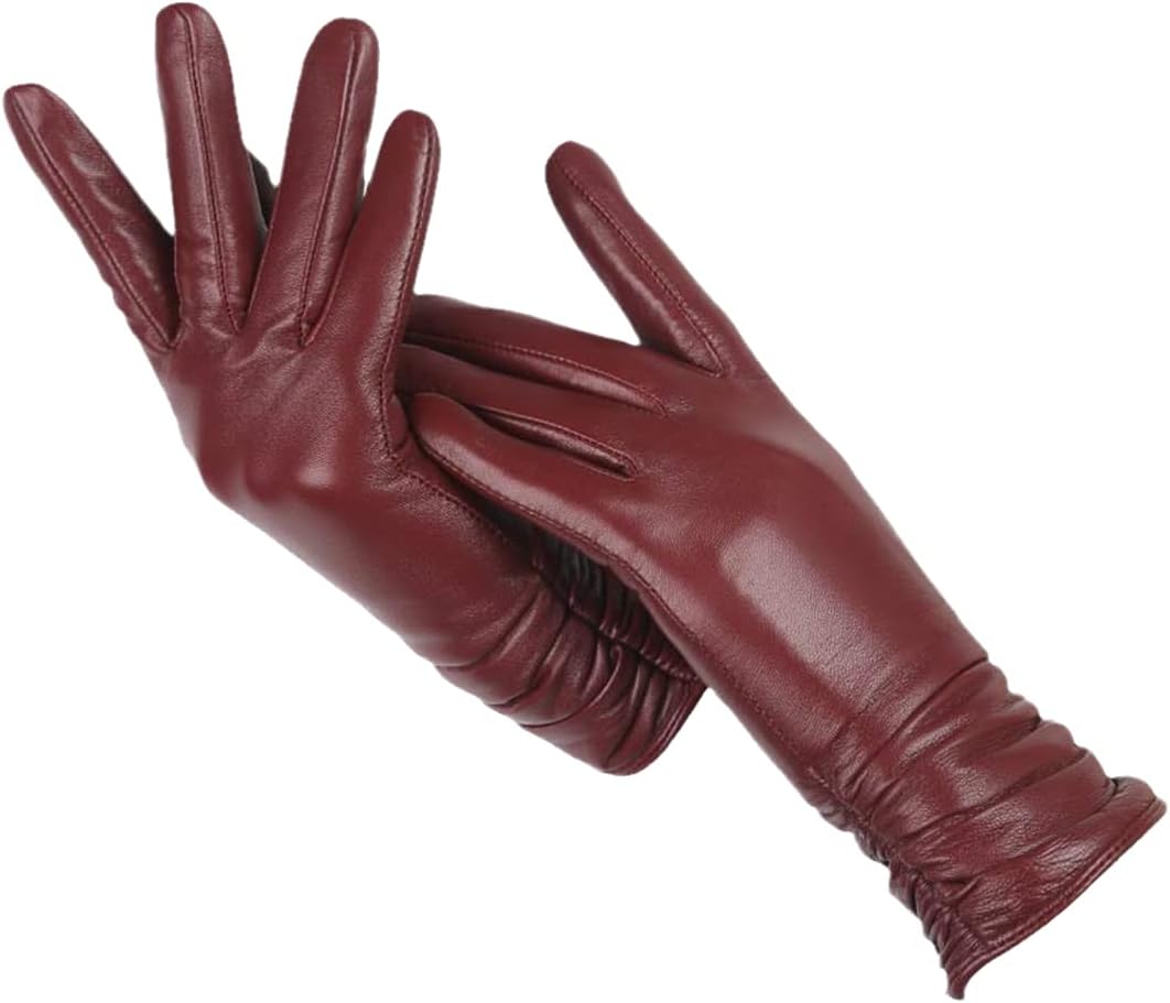 Women's navy blue faux leather gloves with wool lining