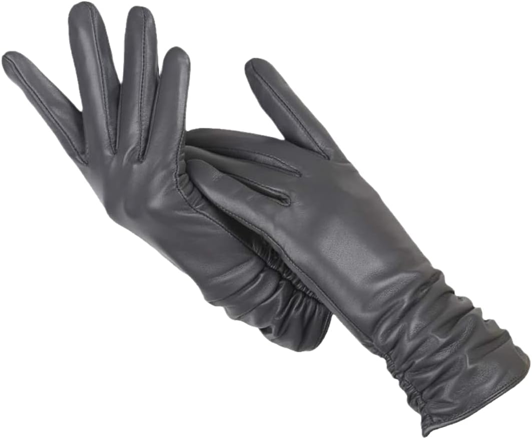 Women's navy blue faux leather gloves with wool lining