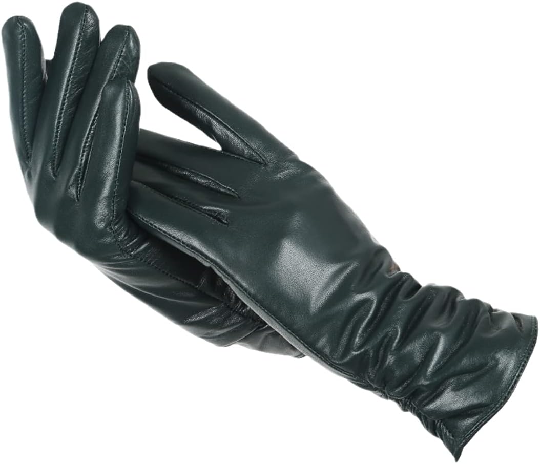 Women's red faux leather gloves with wool lining