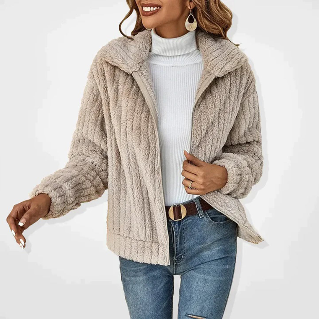 Women's beige longline fleece vest with zip and pockets
