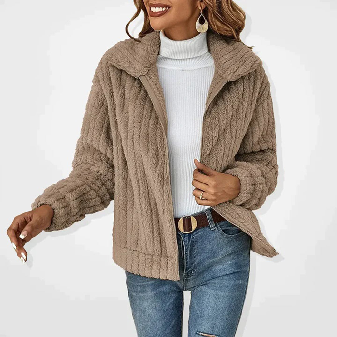 Women's beige longline fleece vest with zip and pockets