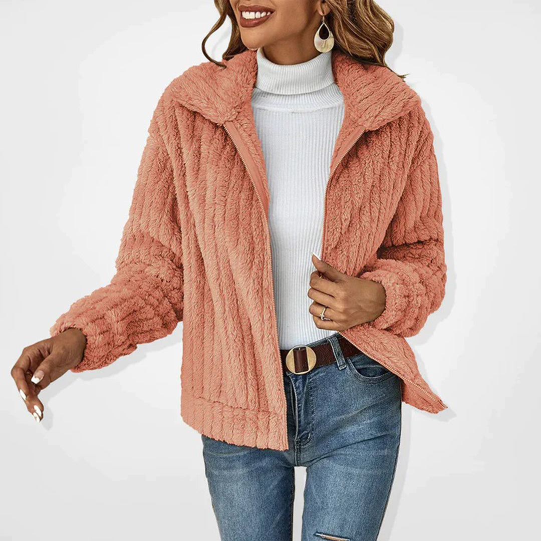 Women's beige longline fleece vest with zip and pockets