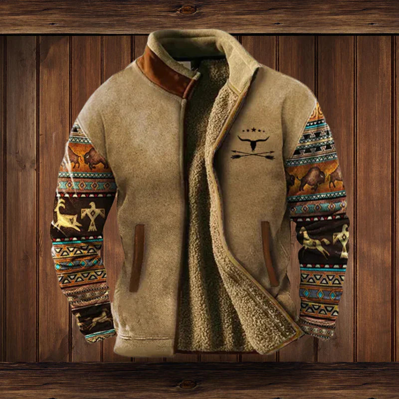 Light Brown Western Fleece Jacket ethnic pattern cosy winter