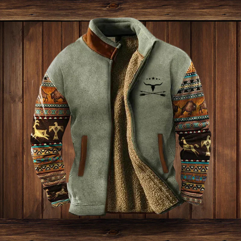 Light Brown Western Fleece Jacket ethnic pattern cosy winter