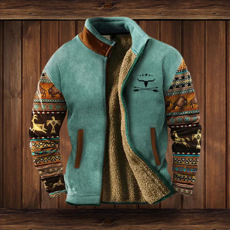 Light Brown Western Fleece Jacket ethnic pattern cosy winter