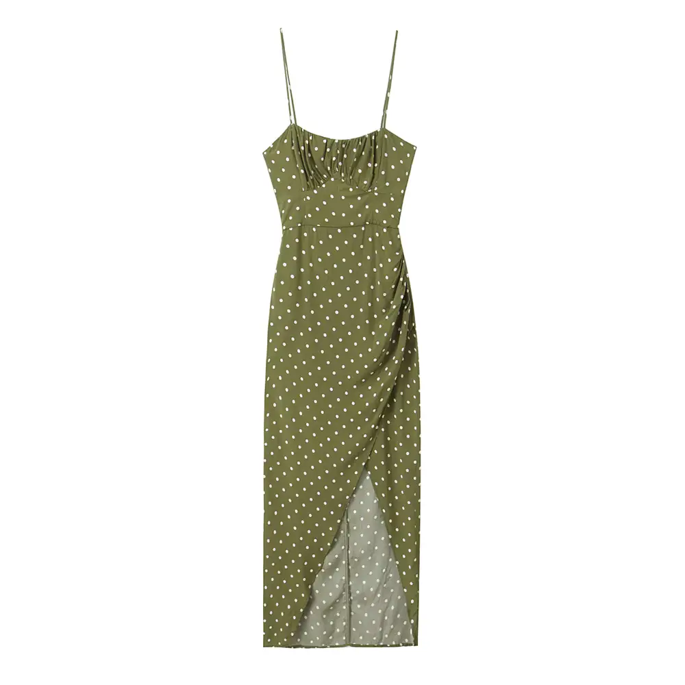 Olive | Slip Dress Polka Dot Side Slit Adjustable 0