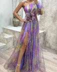One-Shoulder Floral Print Split Dress 0