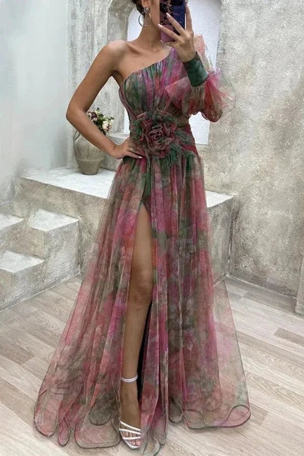 One-Shoulder Floral Print Split Dress 2