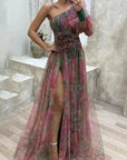 One-Shoulder Floral Print Split Dress 2