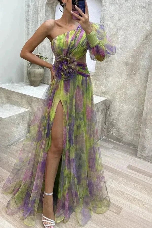 One-Shoulder Floral Print Split Dress 3