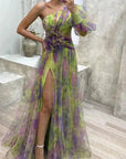 One-Shoulder Floral Print Split Dress 3