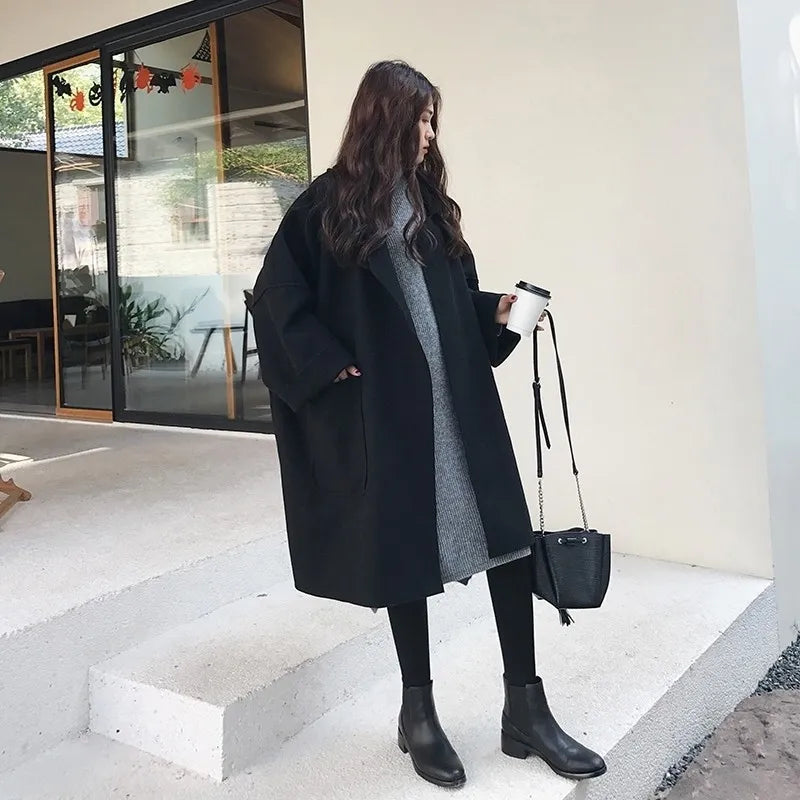 Women's black oversized wool blend trench coat