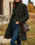 Women's Dark Green Wool Coat long checked fitted winter