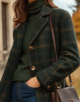 Women's Dark Green Wool Coat long checked fitted winter