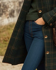 Women's Dark Green Wool Coat long checked fitted winter