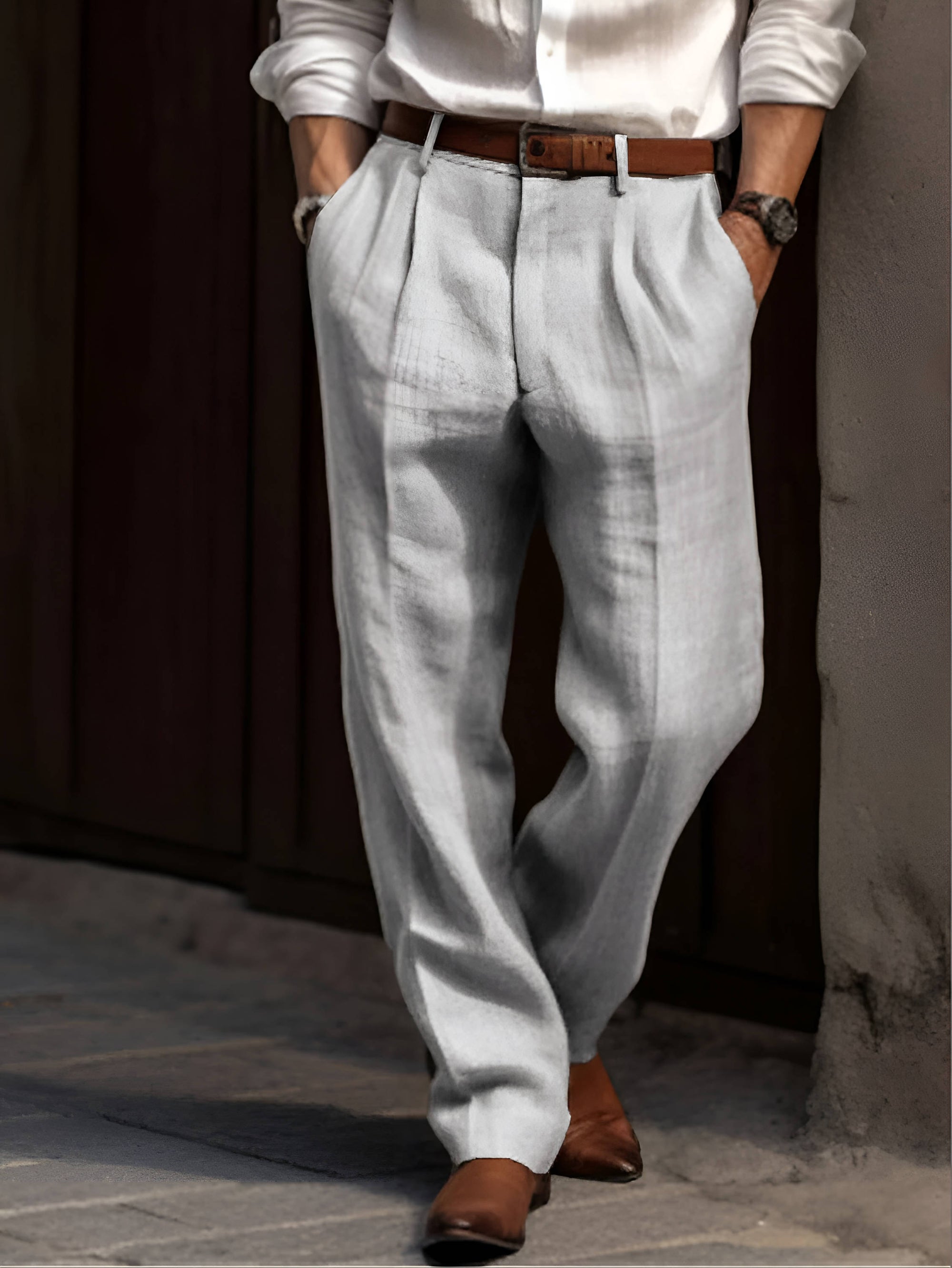 Pleated Linen Pants For Men Adjustable Waist Regular Fit Cotton Blend 1