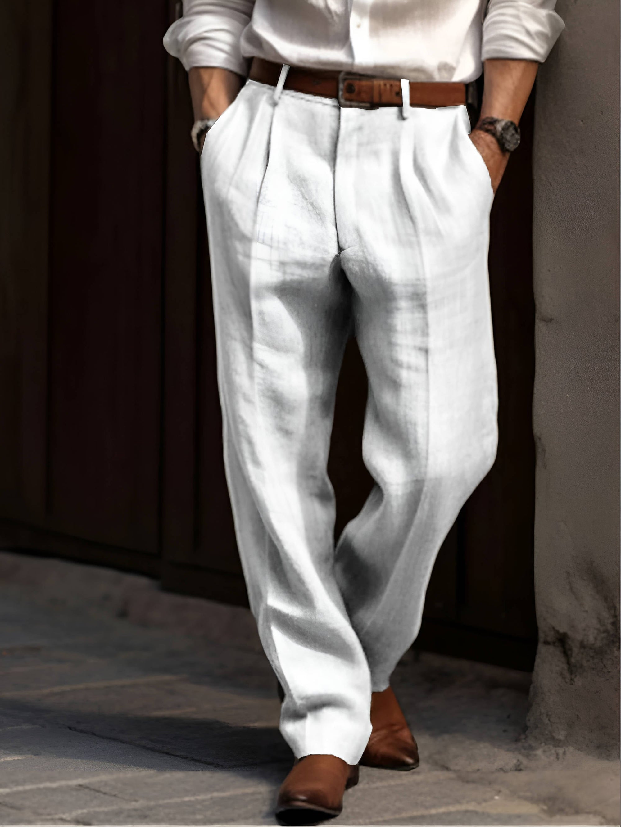 Pleated Linen Pants For Men Adjustable Waist Regular Fit Cotton Blend 2