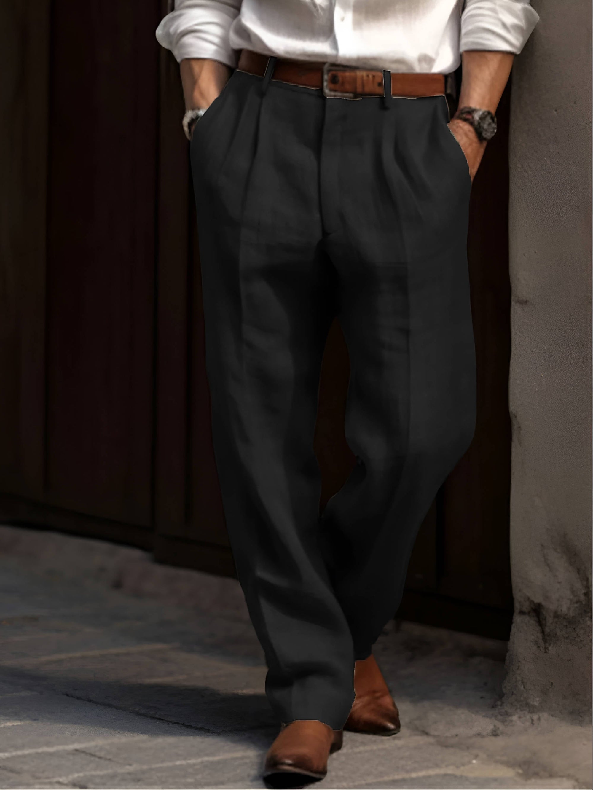 Pleated Linen Pants For Men Adjustable Waist Regular Fit Cotton Blend 3