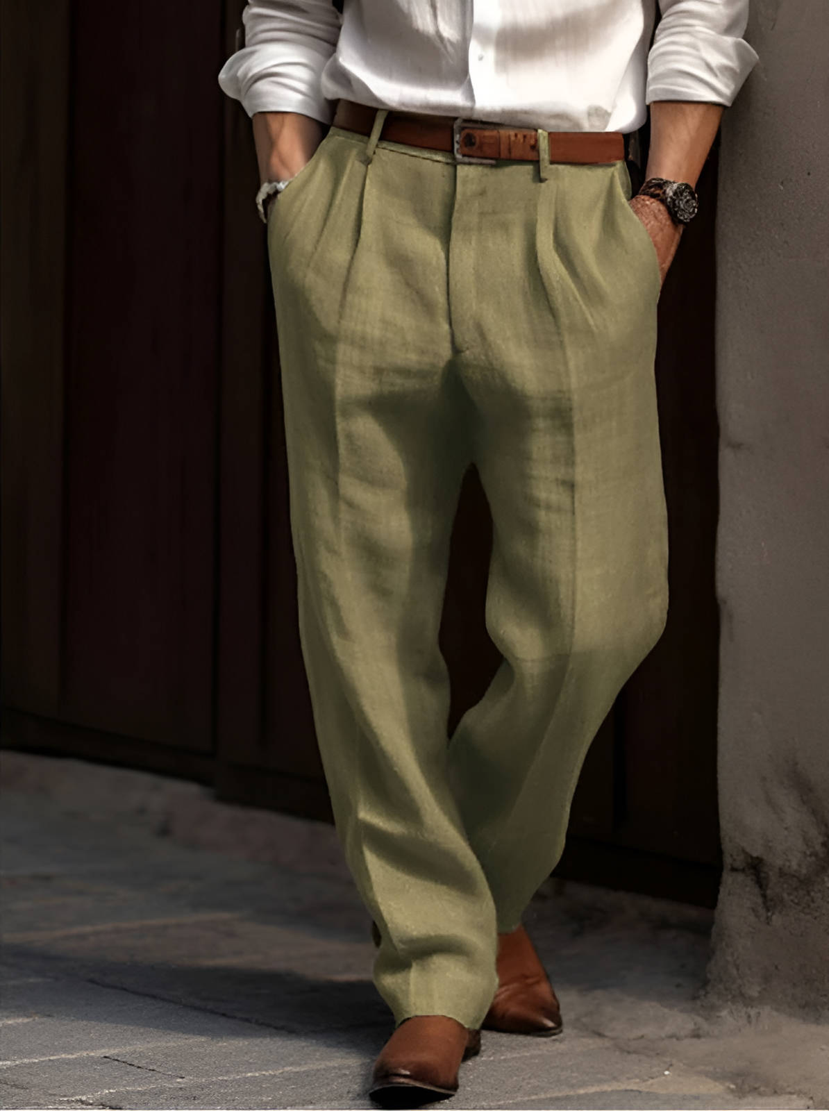 Pleated Linen Pants For Men Adjustable Waist Regular Fit Cotton Blend 4