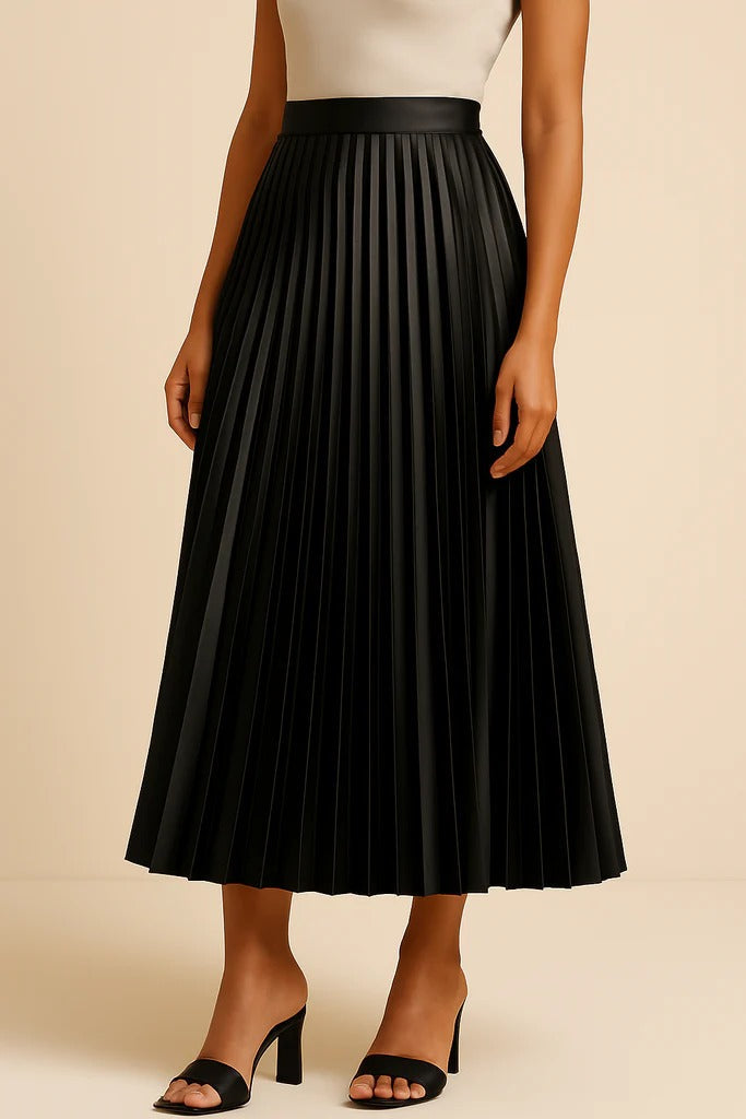 Pleated Midi Skirt High Waist Satin Elegant Everyday Wear Women 0