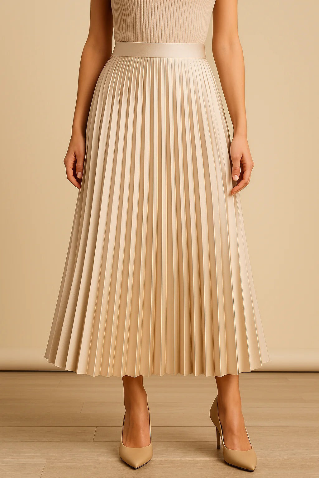 Pleated Midi Skirt High Waist Satin Elegant Everyday Wear Women 3