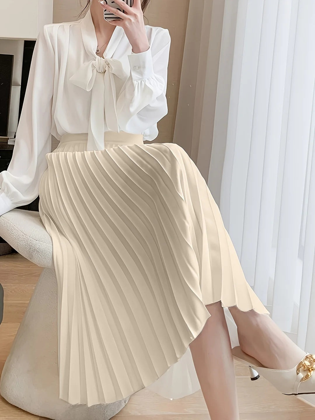 Pleated Midi Skirt High Waist Satin Elegant Everyday Wear Women 4