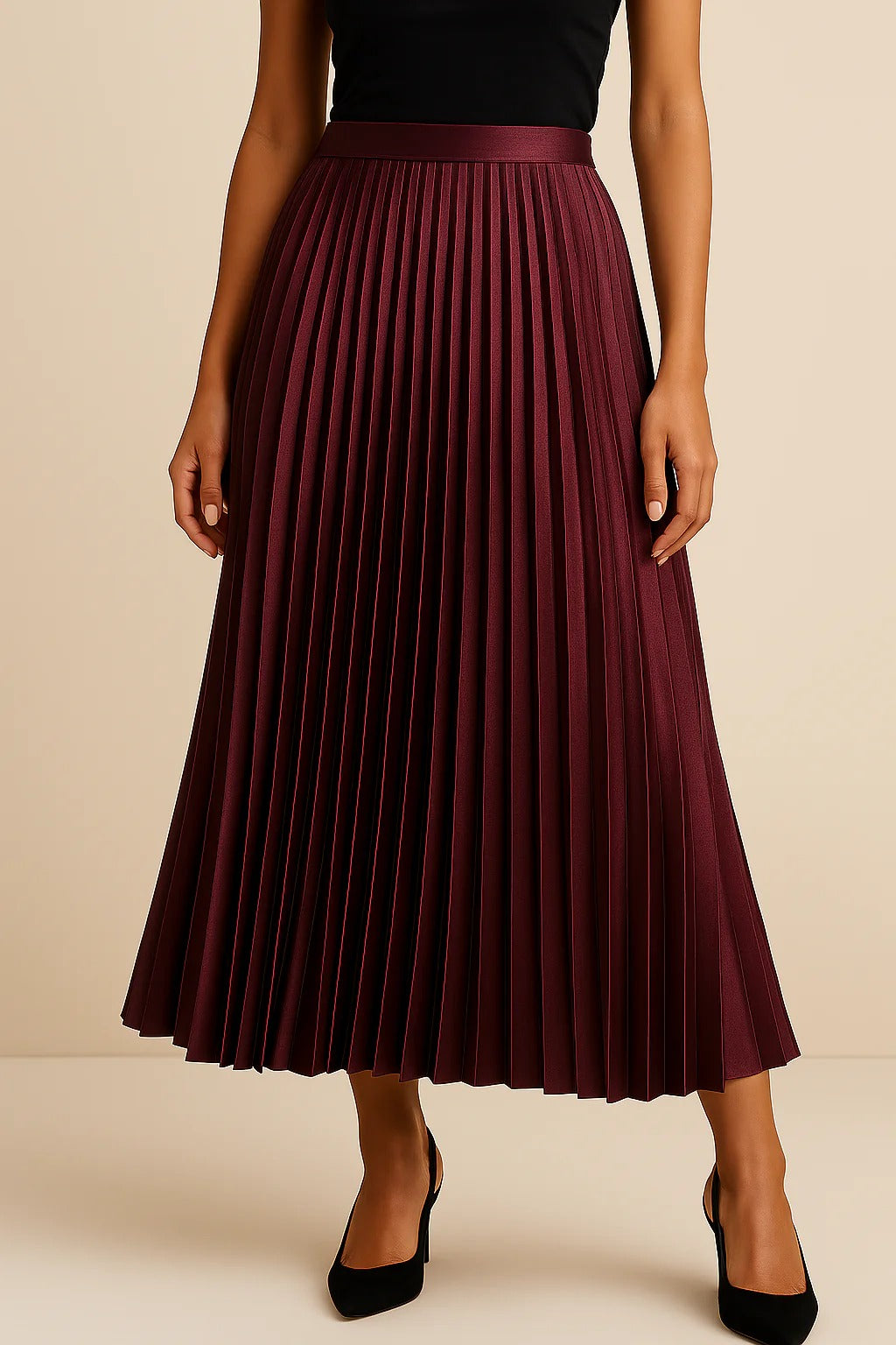 Pleated Midi Skirt High Waist Satin Elegant Everyday Wear Women 5