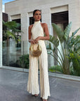 Pleated Set Halter Neckline Wide-Leg Silhouette Elegant Design Evening Wear 0