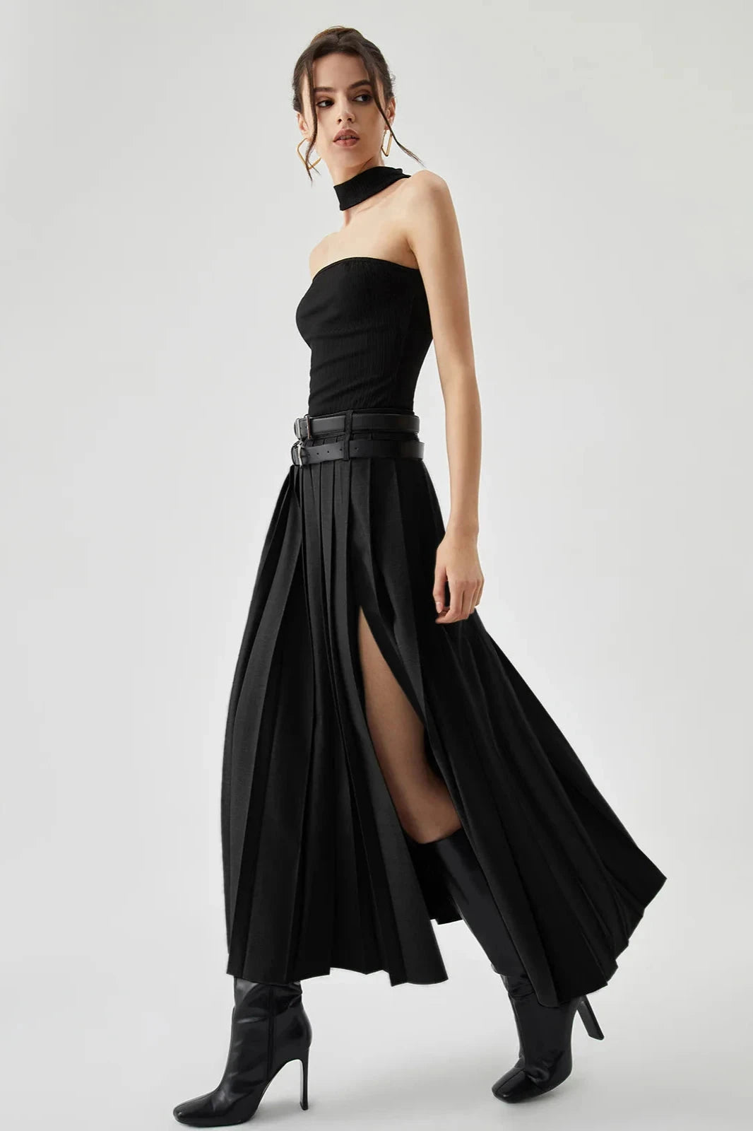 Pleated Split Maxi Skirt For Elegant Occasions 0