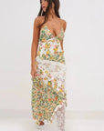 Plunging Neckline Ruffle Maxi Dress With Ties 0