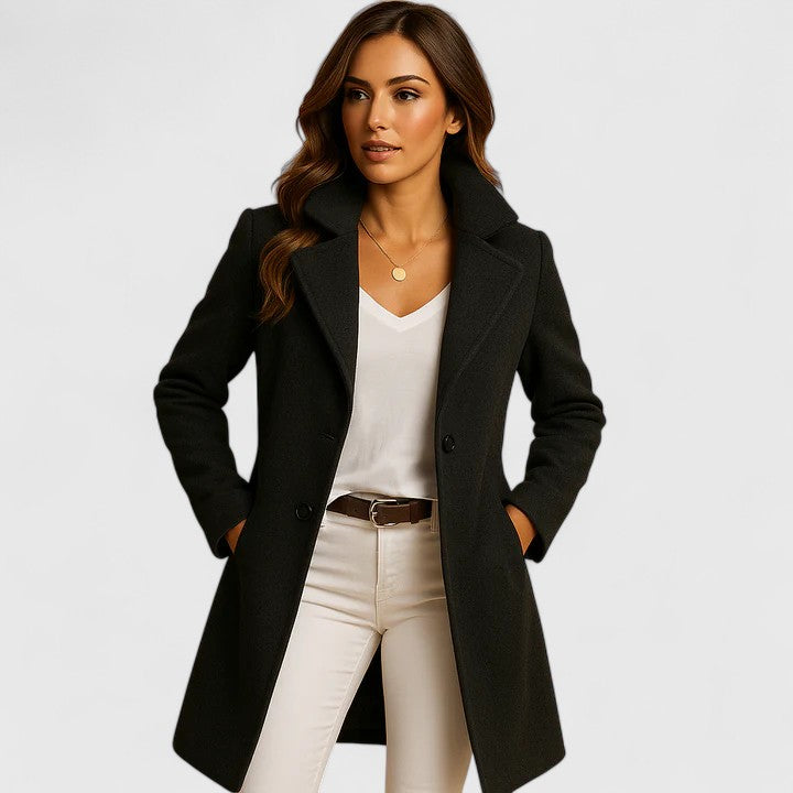 Women's black tailored wool-blend coat with classic lapels