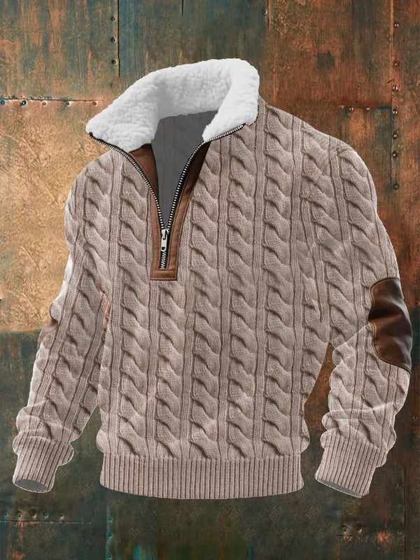Men's beige zip-up lined overshirt with raised collar
