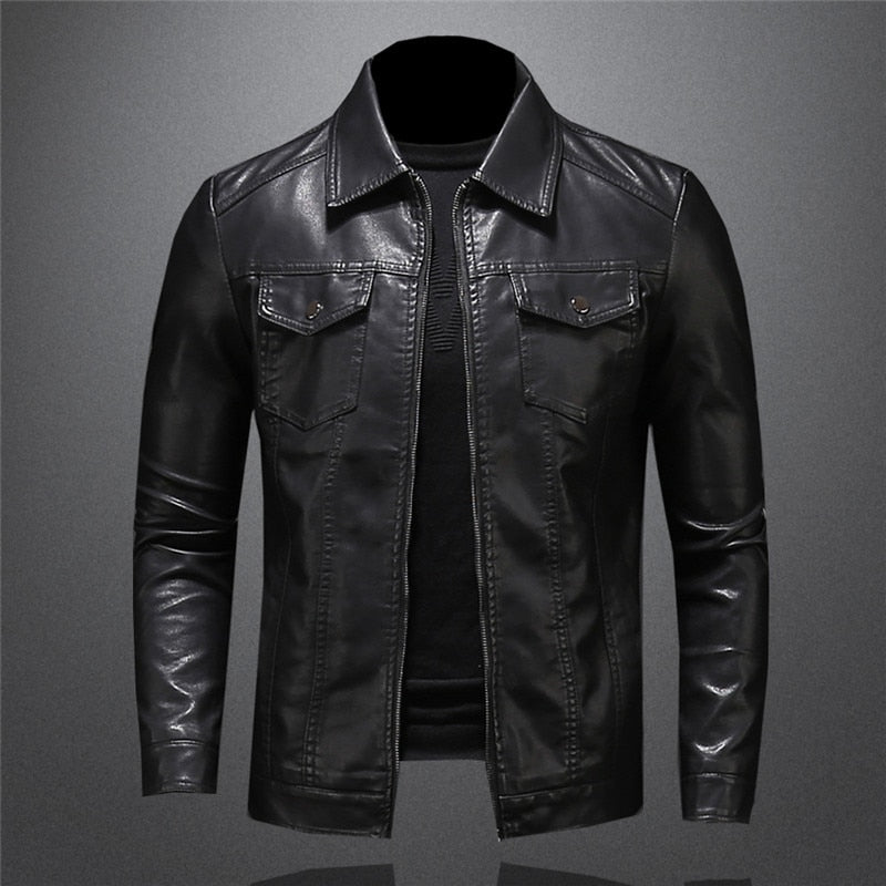 Men's black leather jacket with classic fit and zip closure