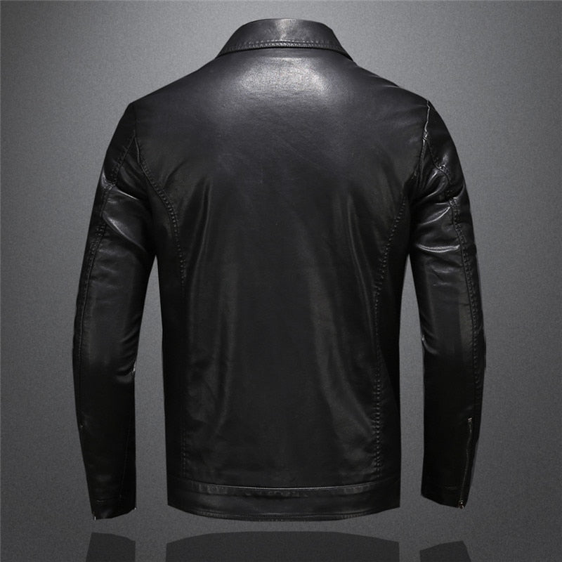 Men's black leather jacket with classic fit and zip closure