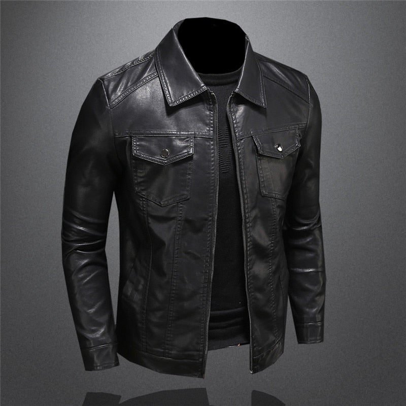 Men's black leather jacket with classic fit and zip closure