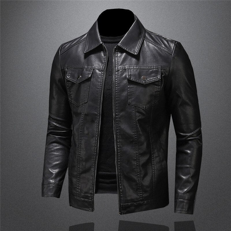 Men's black leather jacket with classic fit and zip closure