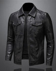 Men's black leather jacket with classic fit and zip closure