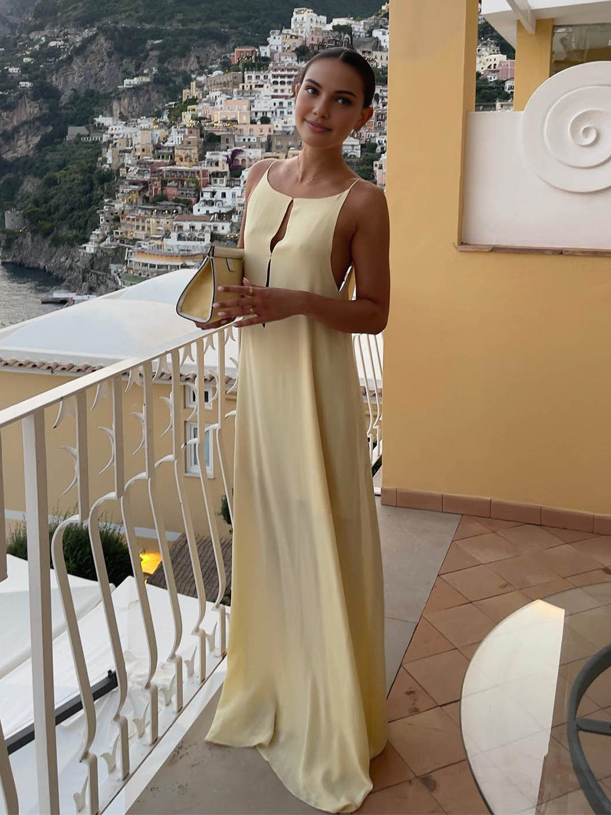 Women’s light yellow women's satin slip maxi dress
