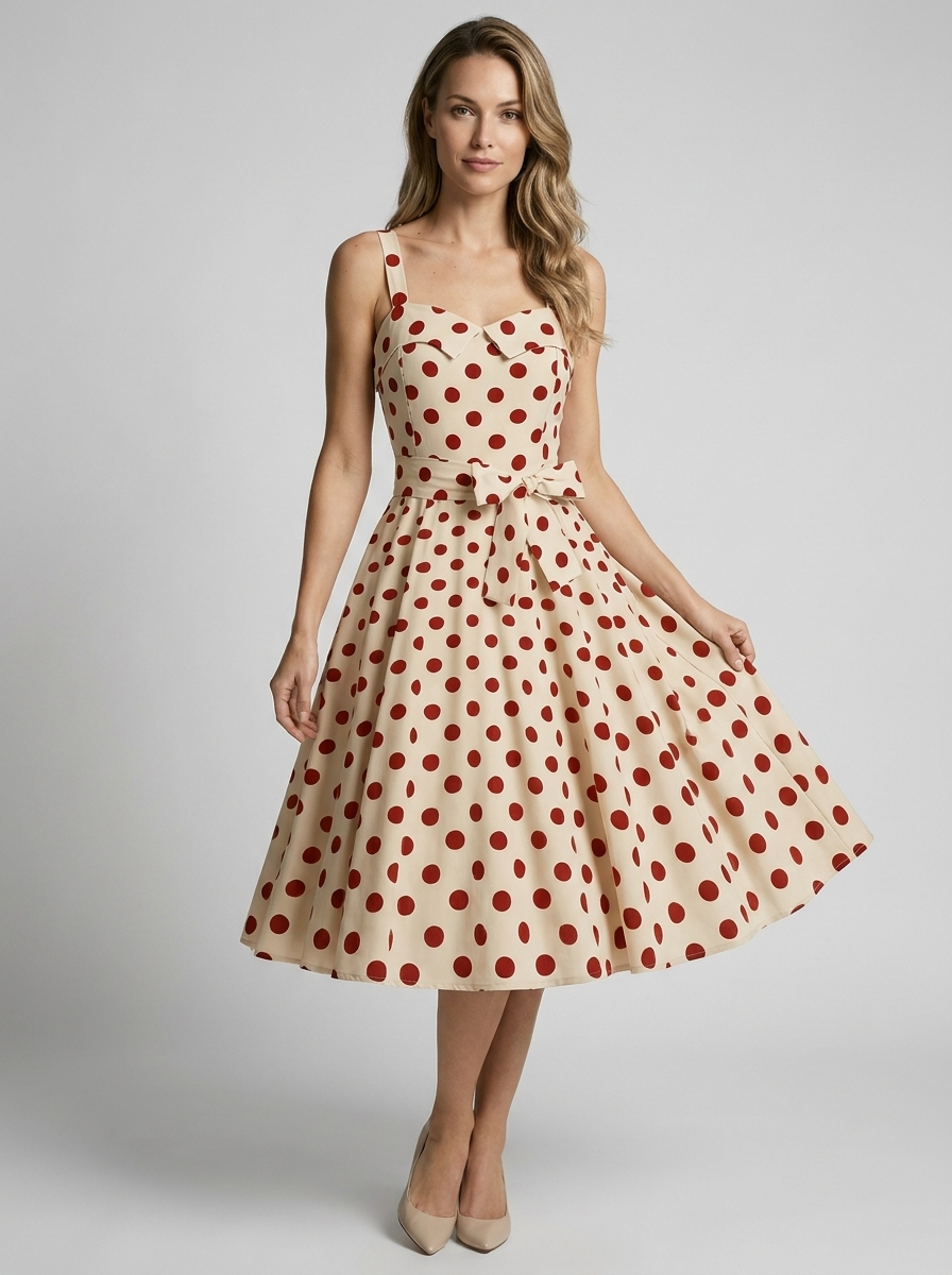 Women’s beige women's polka dot midi dress vintage