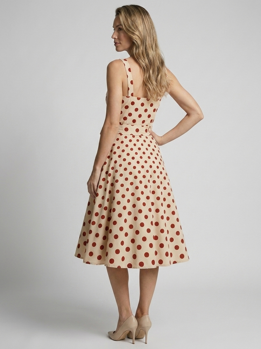Women’s beige women's polka dot midi dress vintage