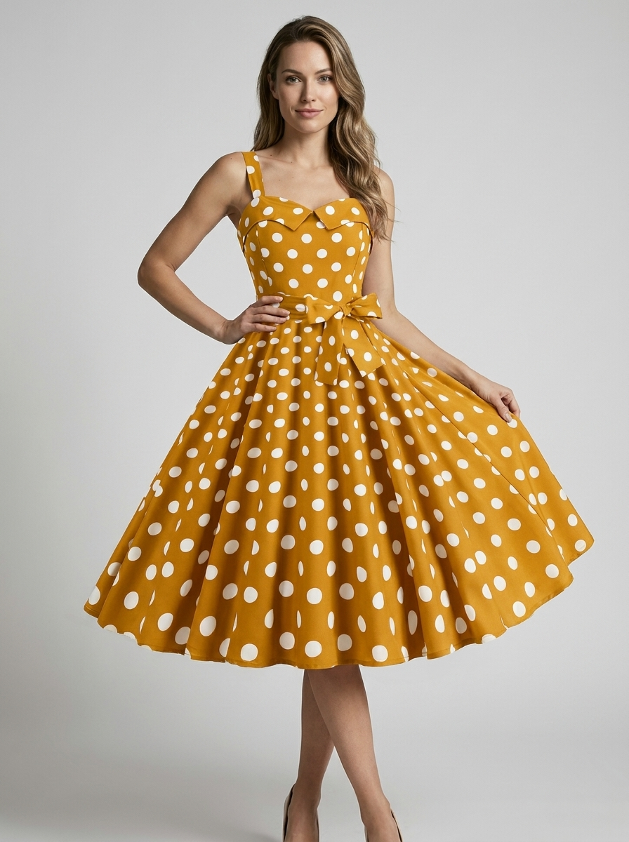 Women’s beige women's polka dot midi dress vintage