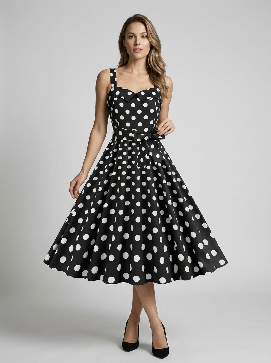 Women’s beige women's polka dot midi dress vintage