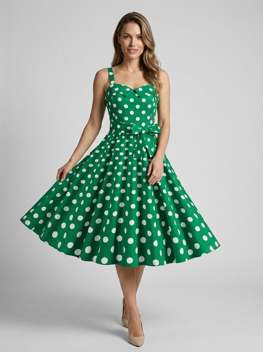 Women’s beige women's polka dot midi dress vintage