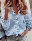 Ruffled Blouse Long Sleeve V-Neck Opaque Design Polyester Women 0