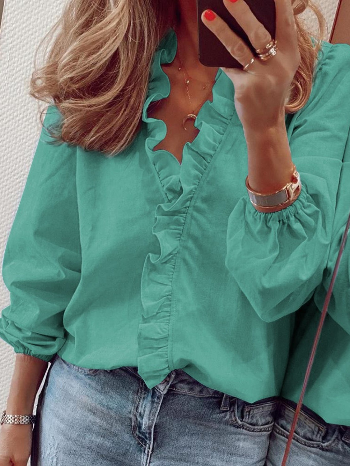 Ruffled Blouse Long Sleeve V-Neck Opaque Design Polyester Women 11