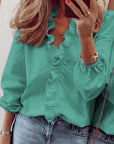 Ruffled Blouse Long Sleeve V-Neck Opaque Design Polyester Women 11