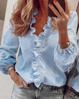 Ruffled Blouse Long Sleeve V-Neck Opaque Design Polyester Women 1