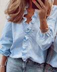 Ruffled Blouse Long Sleeve V-Neck Opaque Design Polyester Women 2