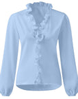 Ruffled Blouse Long Sleeve V-Neck Opaque Design Polyester Women 3