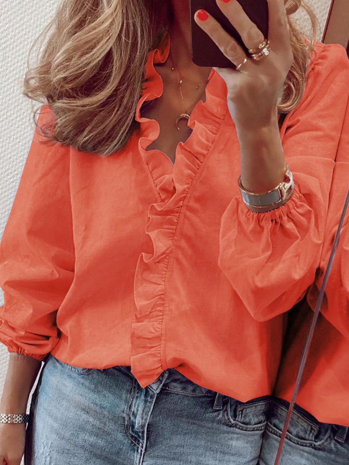 Ruffled Blouse Long Sleeve V-Neck Opaque Design Polyester Women 5